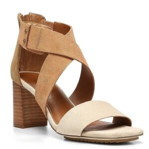 Donald J. Pliner Pavla Tan and Cream Suede Block Heel Sandals Women's 7.5